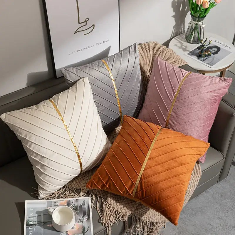 Four velvet cushion covers in cream gray dusty rose and burnt orange with gold velvet patchwork stripe for living room decorbites golden velvet