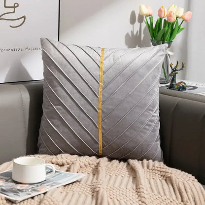Gray velvet cushion cover with central gold stitched line and diagonal pleats from decorbites golden velvet patchwork set
