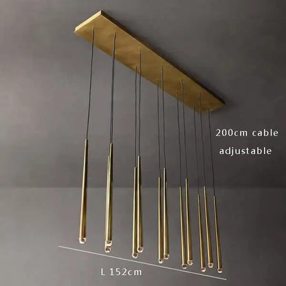 Modern brass crystal water drop ceiling chandelier with slender cylindrical arms and rectangular mounting plate for living room decorbites crystal water