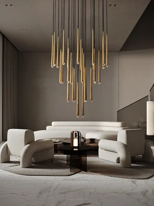 Golden cylindrical pendant chandelier with crystal water drop accents for living room decorbites crystal water design