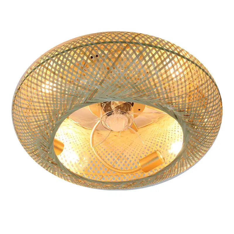 Golden woven bamboo ceiling fan with light featuring intricate lattice design and warm glow for bedroom decorbites bamboo ceiling fan