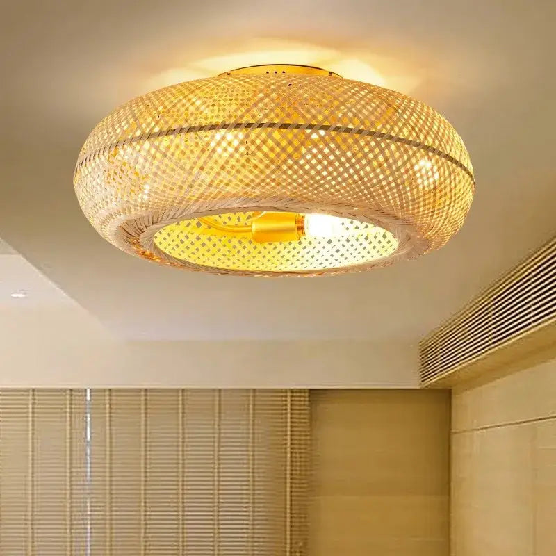 Golden woven bamboo ceiling fan with light featuring a warm-toned circular lattice ceiling light fixture decorbites bamboo ceiling