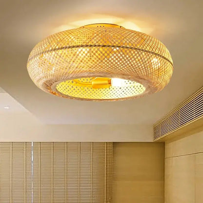 Golden woven bamboo ceiling fan with light featuring a warm-toned circular lattice ceiling light fixture decorbites bamboo ceiling