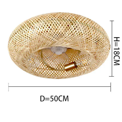Golden woven bamboo ceiling fan with light featuring a natural beige oval lattice-patterned decorbites bamboo ceiling fixture