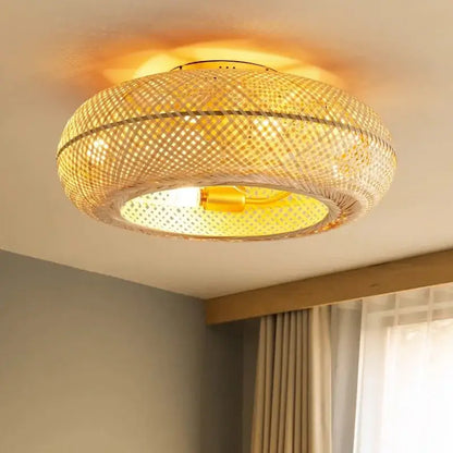 Golden woven bamboo ceiling fan with light featuring a warm-toned circular bamboo ceiling light and gold bulb holder