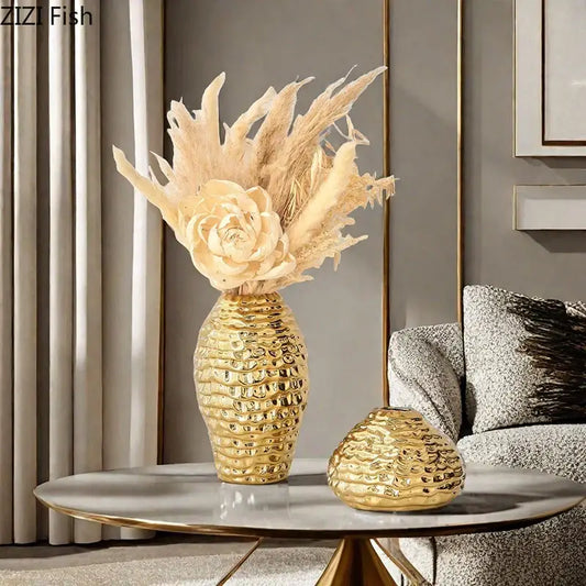 Golden wrinkle ceramic vase with tall sculpted body and intricate pebble texture for living room decorbites golden wrinkle decor