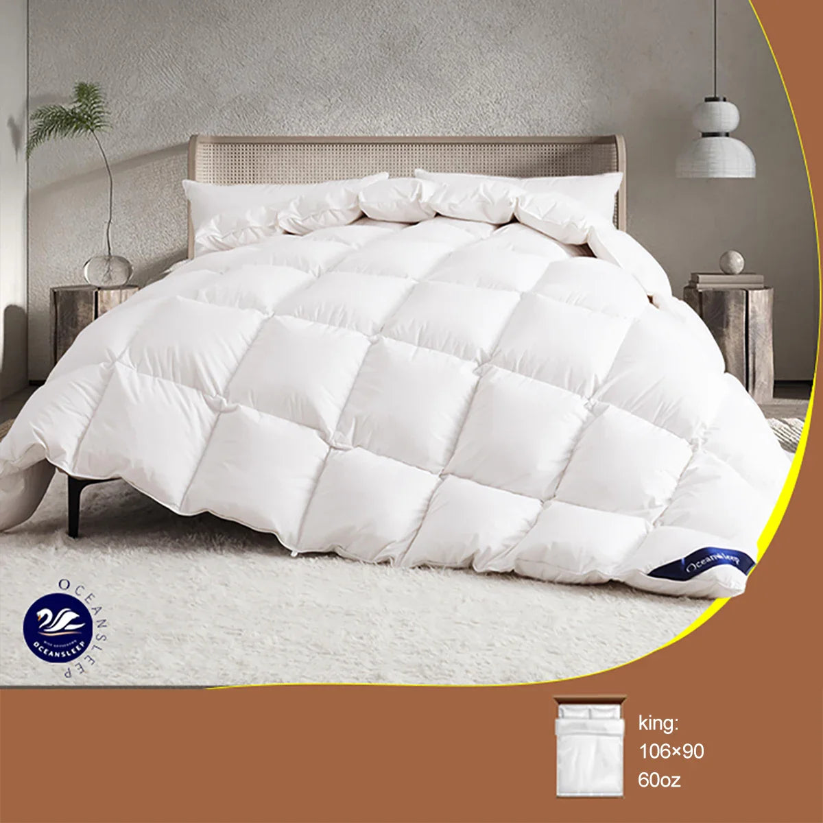 White plush quilted goose down comforter with diamond stitch and high fill power for king and queen all season use