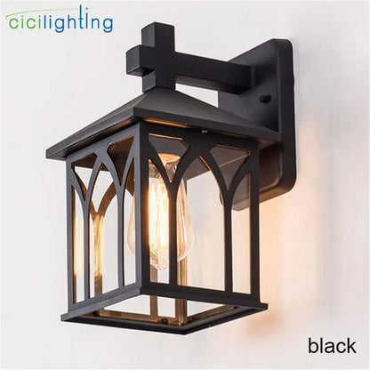 Black wrought iron gothic arched glass led wall lamp with visible edison bulb for garden courtyard lighting