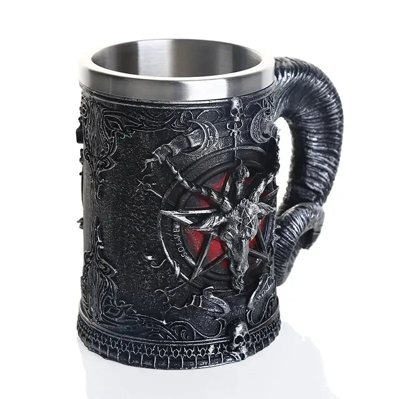 Black gothic baphomet resin stainless steel tankard with silver rim horn handle and embossed pentagram skull designs