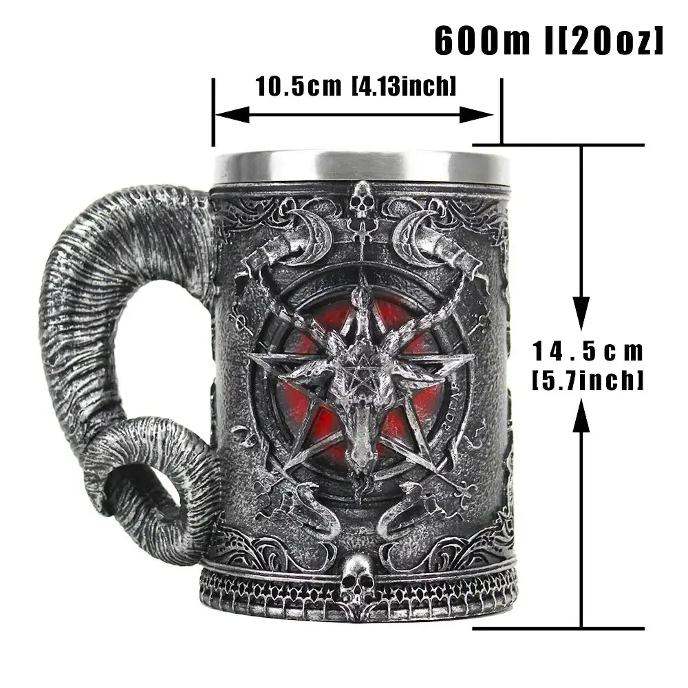 Dark gothic baphomet resin stainless steel tankard with demonic goat head and red glowing eyes for bar decor