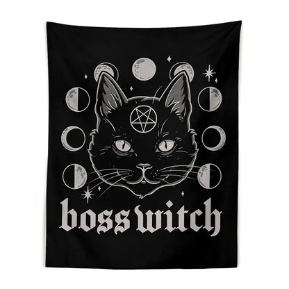 Black cat witchcraft black tapestry with glowing eyes moon phases stars and boss witch text for decorbites bedroom wall decor