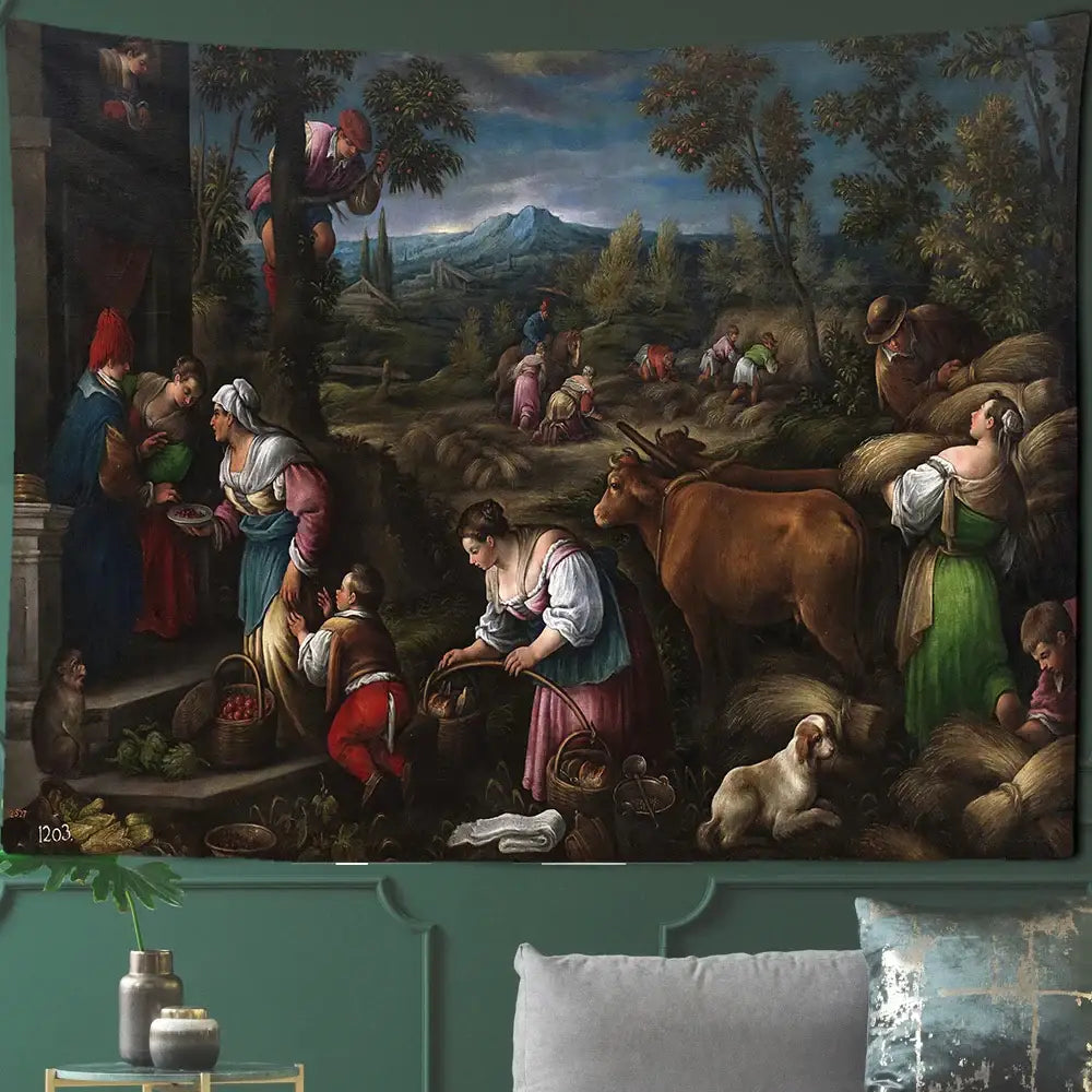 Gothic court woman floral tapestry wall art depicting a renaissance pastoral scene in rich earth tones for bedroom decorbites court woman