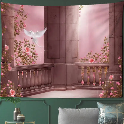 Pink floral balcony tapestry wall art featuring a white dove in flight for gothic court woman decorbites court woman scene