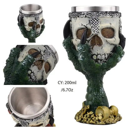 White stainless steel dragon skull goblet with green scaly hands and silver rim for gothic decorbites skull goblet