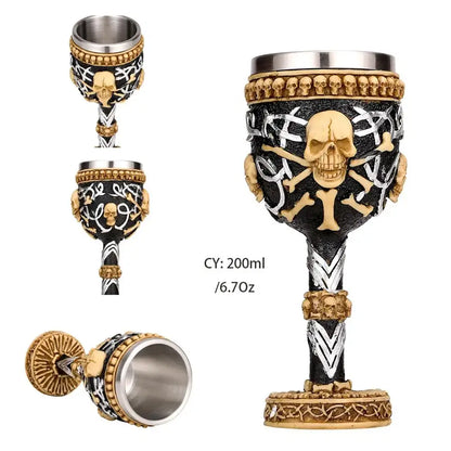 Black and gold stainless steel skull goblet with silver accents and ornate handle from decorbites dragon skull collection