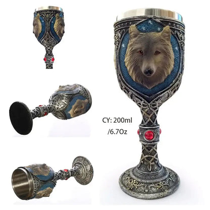 Silver and blue wolf-themed skull goblet with intricate metalwork and red gemstones for decorbites dragon skull collection