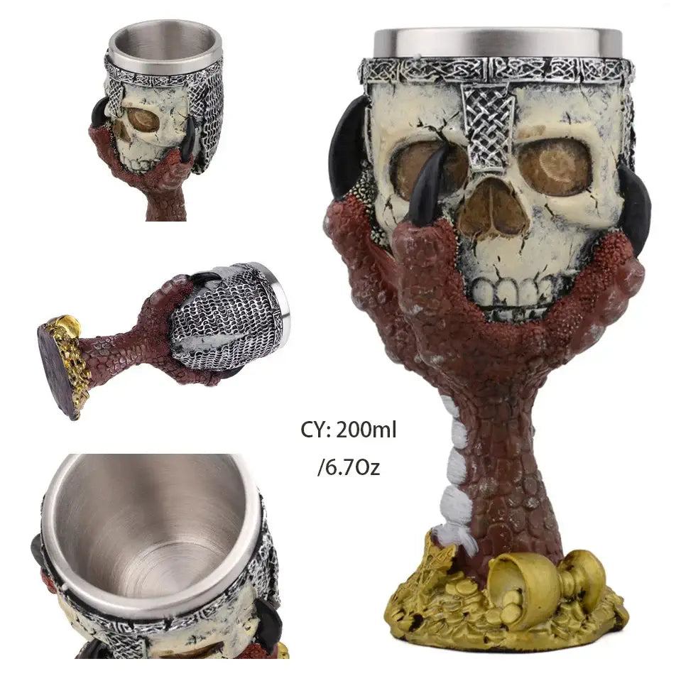 Gothic dragon skull goblet stainless steel wine glass with metallic rim and chainmail held by red hands on gold coins base
