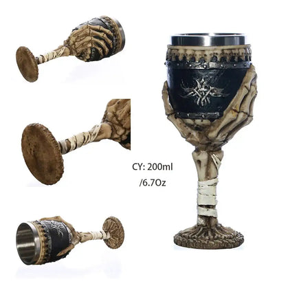 Dark metallic stainless steel skull goblet with skeletal hand and ornate black band for gothic decorbites dragon skull use