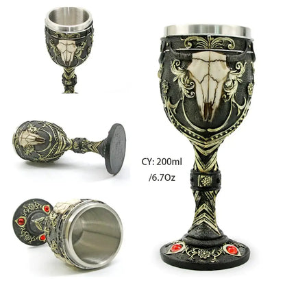 Gothic dragon skull goblet in black and gold with red gemstones stainless steel interior skull goblet decorbites dragon skull