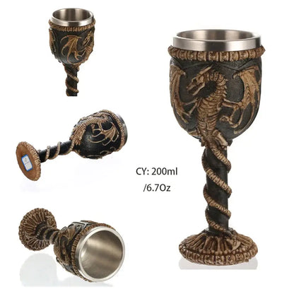 Gothic dragon skull goblet made of stainless steel with dark intricate dragon carvings and twisted stem for wine use