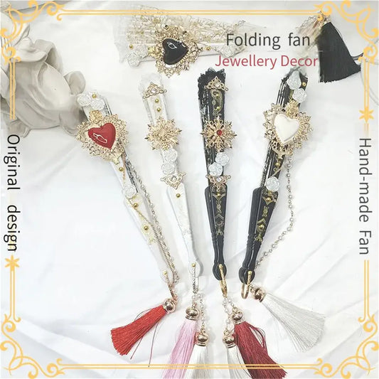 Elegant gemstone lace fan in red white and black with gold filigree jeweled motifs and decorative tassel for decorbites decor