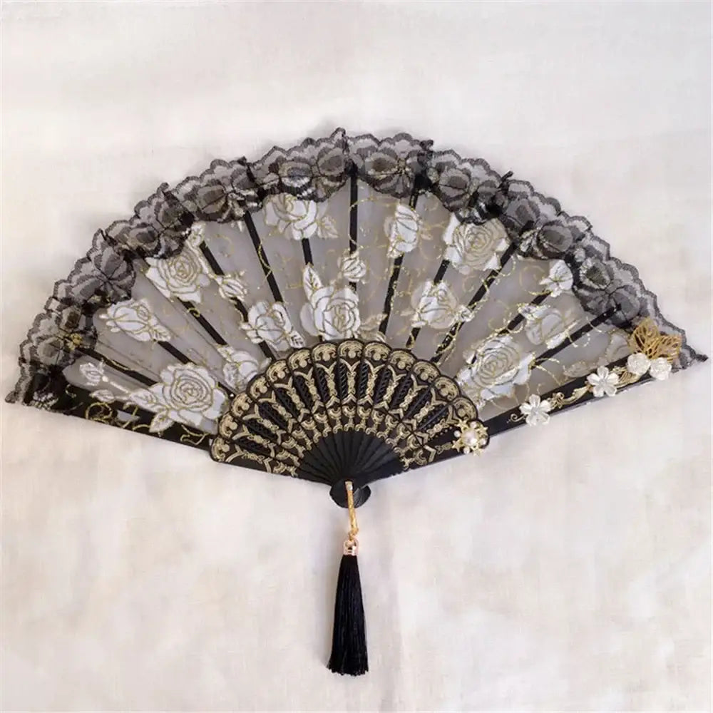 Elegant black and gold lace fan with white embroidered roses and decorbites elegant gemstone handle for gothic party decor