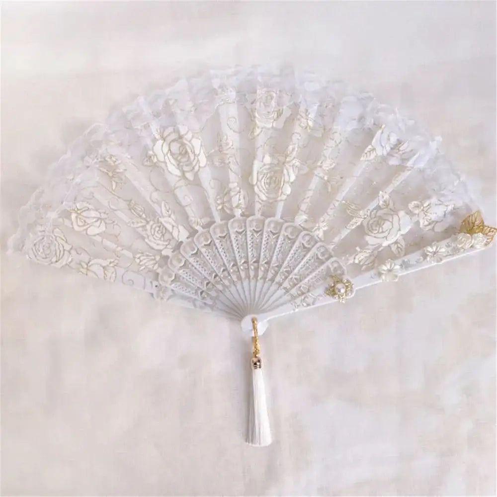 Elegant white lace fan with gold floral embroidery and matching tassel featuring decorbites elegant gemstone handle