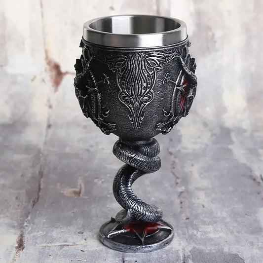 Darkly ornate gothic silver baphomet wine glass with stainless steel rim base and coiled serpent stem design