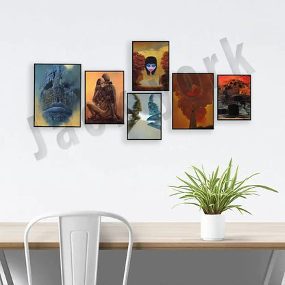 White ceramic planter holding green spider plant next to gothic surreal art canvas print set living room decorbites beksinski surreal