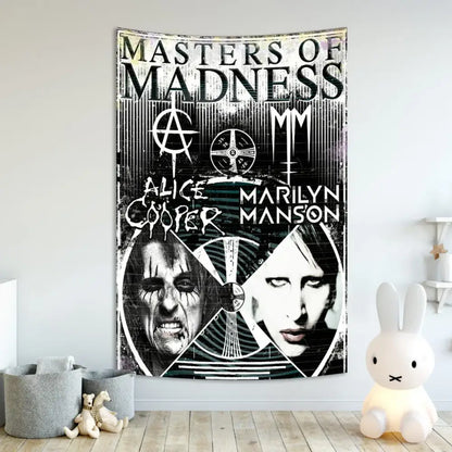 Gothic white and red baphomet poster tapestry featuring alice cooper and marilyn manson for bedroom wall decor