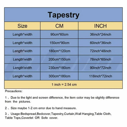 Blue tapestry size chart showing dimensions in centimeters and inches for gothic white and red baphomet poster tapestry wall decor