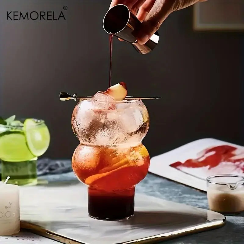 A kemorela two-tiered gourd shaped glass cup set with clear glass and wooden handle for kitchen drinkware