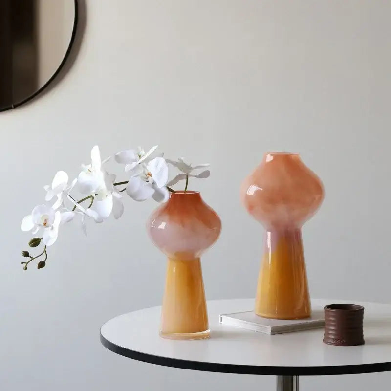 Two decorbites gradient glass vases with pearlescent finish in peach orange and pink yellow for living room decor