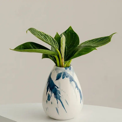 A white ceramic vase with blue splatter paint holding a green plant decorbites graffiti ceramic vase for living room decor