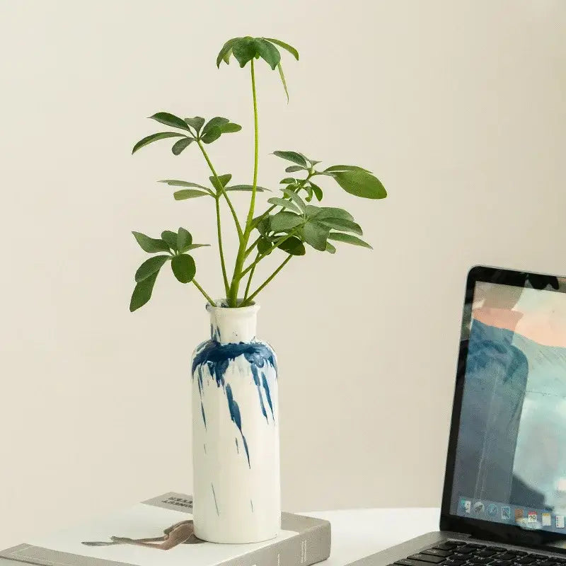 A white ceramic vase with blue splatter design holds a green plant for decorbites graffiti ceramic living room decor