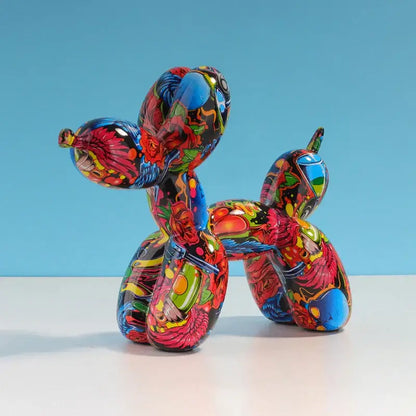 Vibrant glossy resin balloon dog figurine with psychedelic red blue green rose and skull pattern for home decor