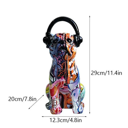A vibrant graffiti resin bulldog headphone figurine in black headphones for living room decor