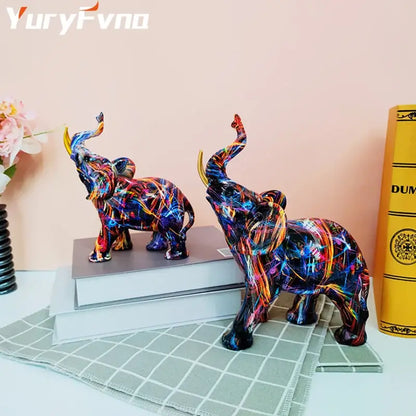 Vibrant abstractly painted neon blue and orange decorbites elephant sculpture resin figurine for living room decor