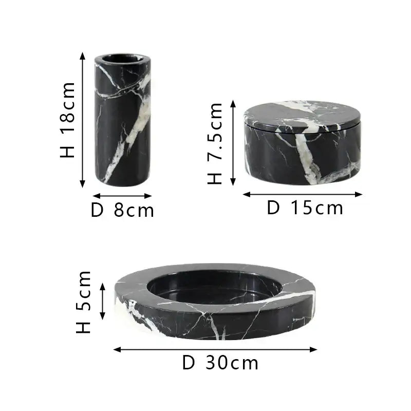 Grand antique black and white marble storage jar set with cylindrical vase round box and circular tray by decorbites grand antique