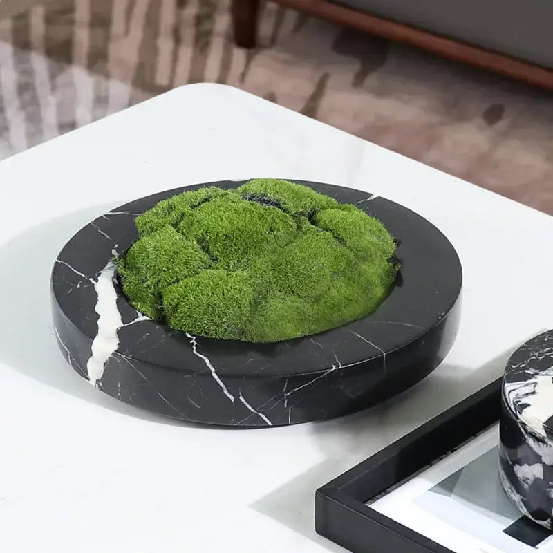 Black marble tray with circular textured green moss centerpiece for decorbites grand antique storage jar nut bowl