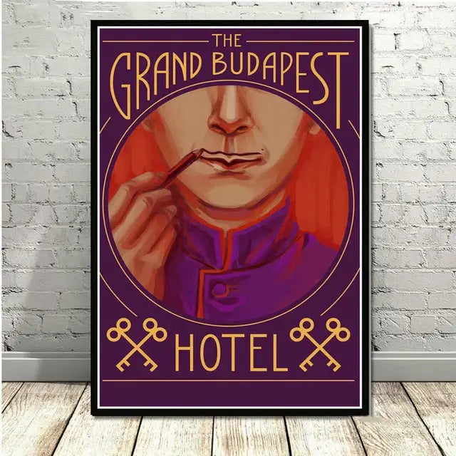 Purple and gold grand budapest hotel minimalist wall art set featuring a bellhop in decorbites grand budapest style