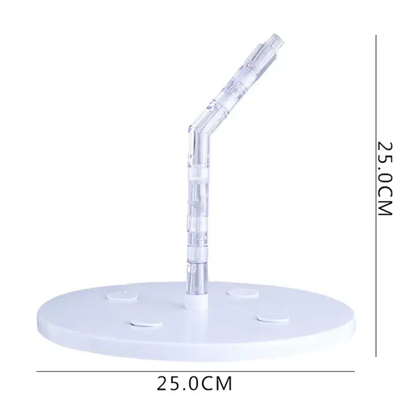 Clear plastic white cake stand support structure with curved segmented arm on circular base for baking tools