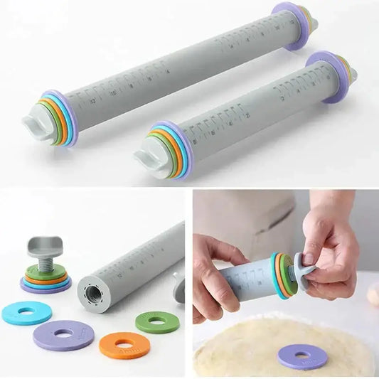 Gray decorbites adjustable silicone rolling pin with colorful interchangeable rings for precise dough thickness control