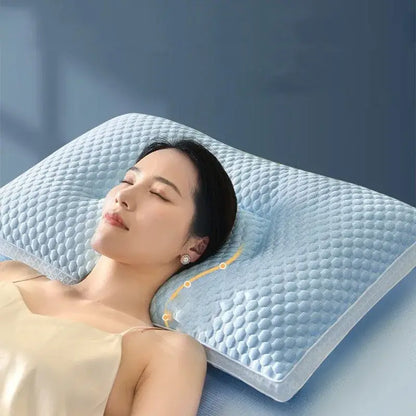 Light blue quilted memory foam cooling pillow with contoured neck support featuring decorbites ice rayon cooling fabric