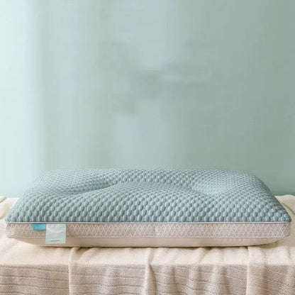 A light blue textured memory foam cooling pillow with geometric pattern and pink trim from decorbites ice rayon collection