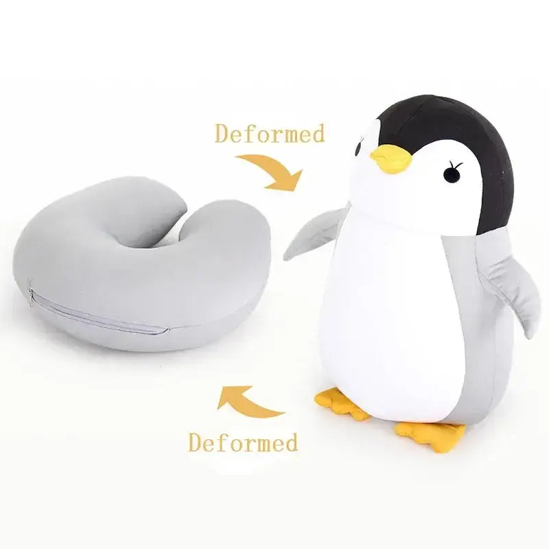 Gray and black plush penguin neck pillow with yellow beak and feet decorbites cute plush animal for travel and bedroom use