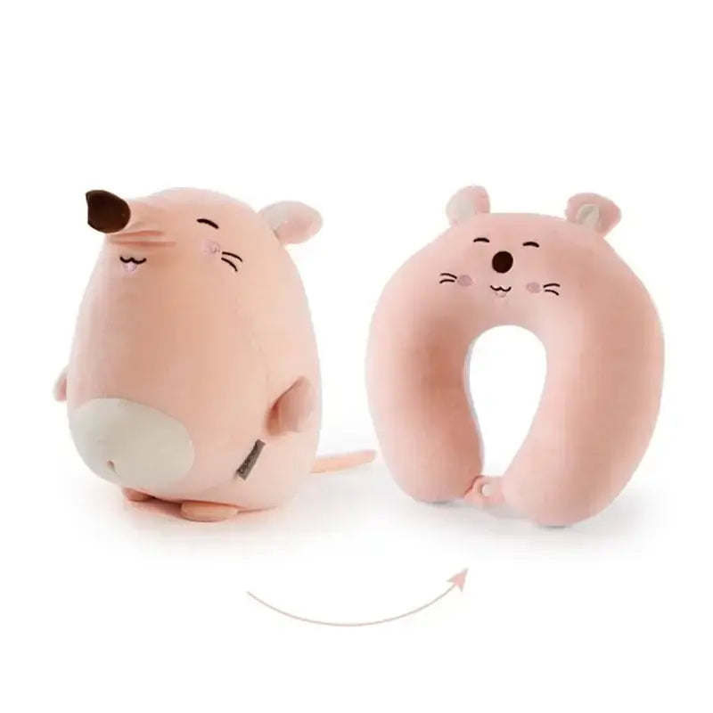 Pink plush mouse-shaped travel neck pillow with soft fabric and embroidered features for decorbites cute plush animal use