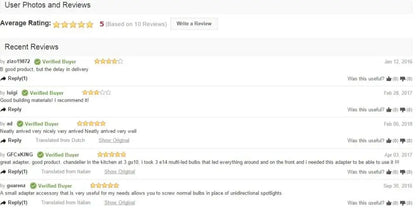 Product review page for gray and copper decorbites gu10 e14 adapter splitter showing verified buyer ratings and comments