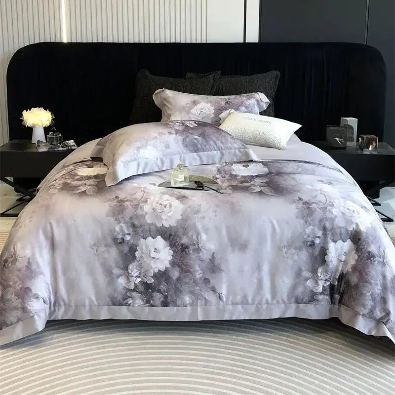 Elegant gray and white satin bedding set with decorbites flowers pattern and ruffled edges for bedroom decor