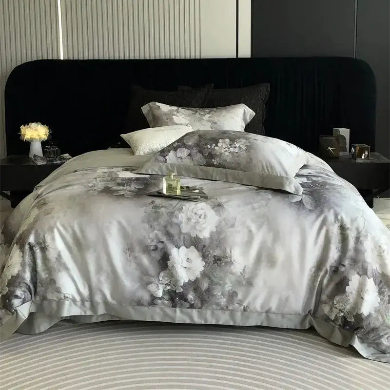 Luxurious gray and white bedding set with decorbites flowers pattern and soft satin-like brushed finish